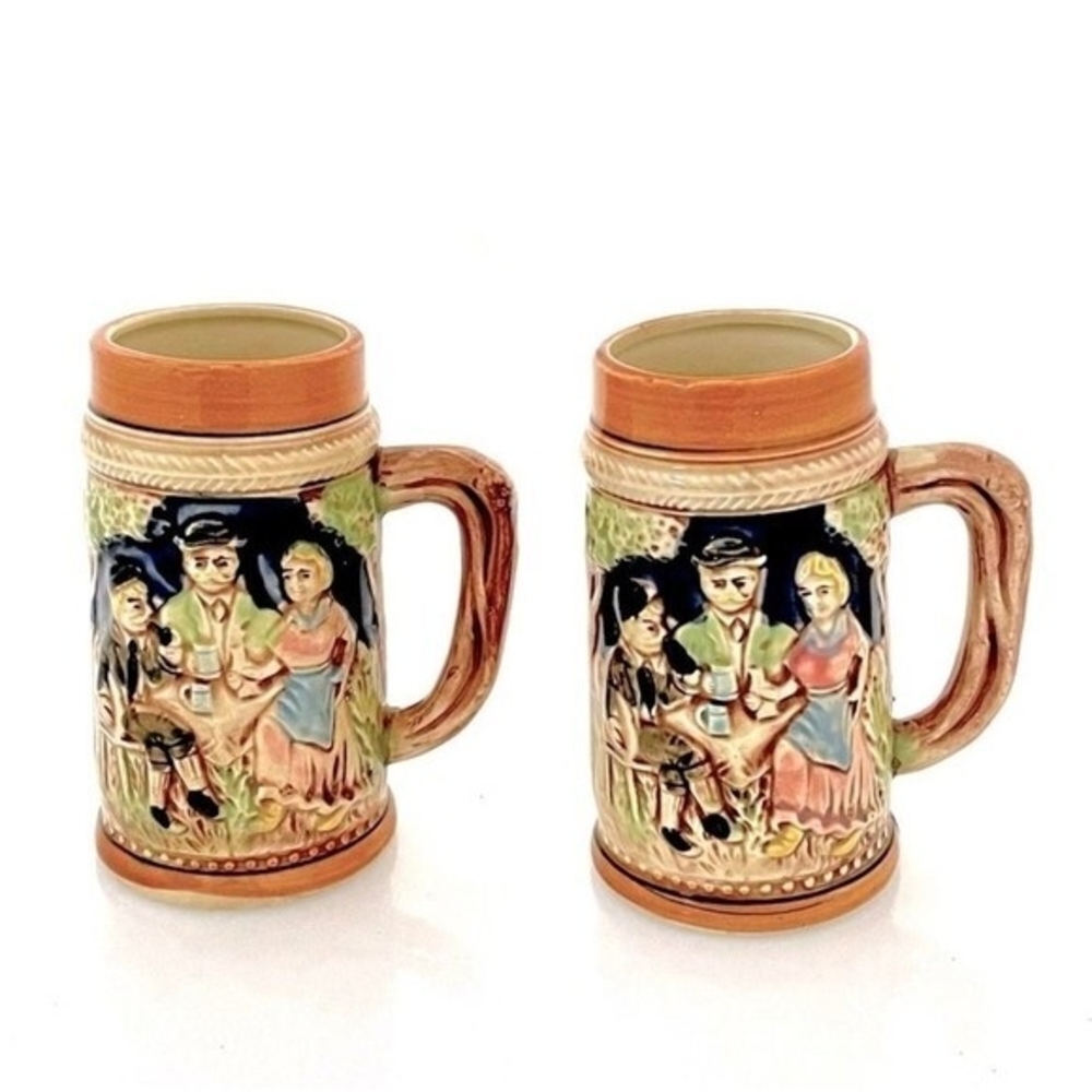 Vintage Pair 2 Japanese Bavarian Style Beer Steins 5.5 Hand-Painted Ceramic NWOT - Picture 3 of 4